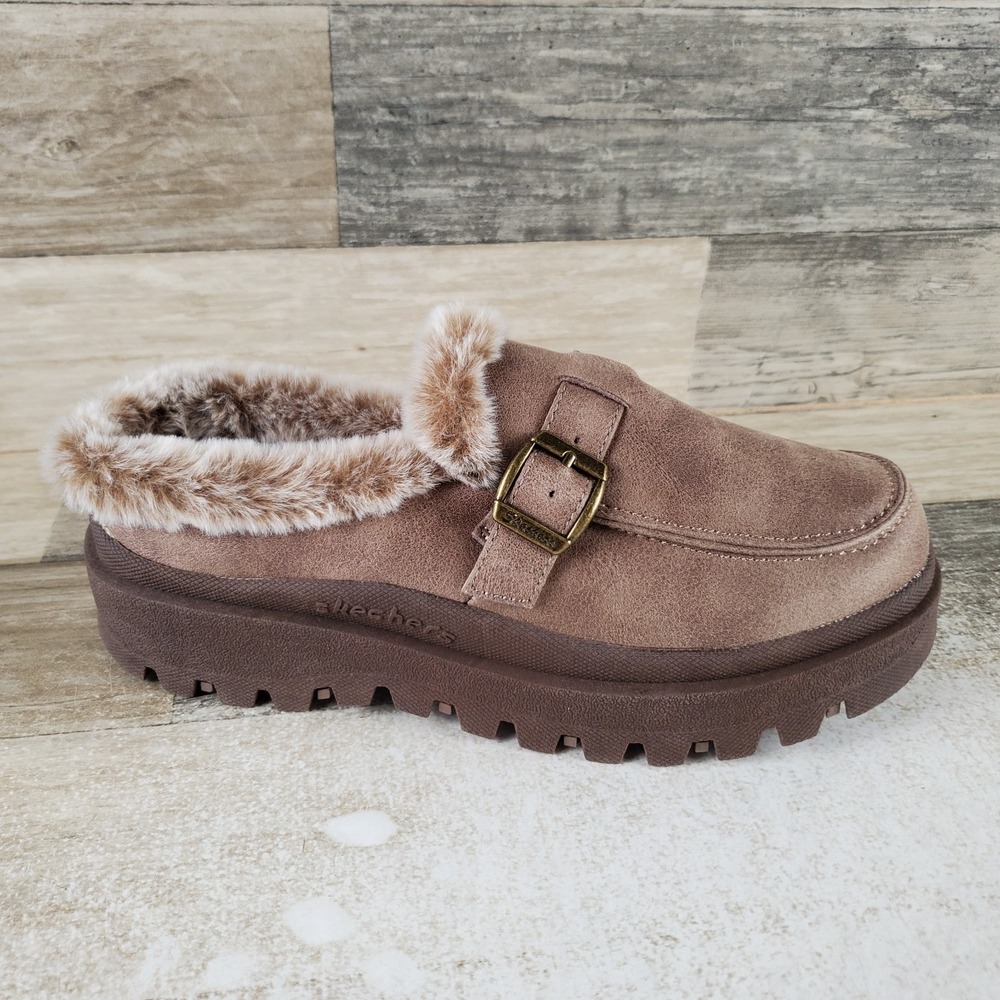 Skechers Shindigs Forever Retro Womens Clogs Sz 5.5 Brown Suede Slip On Faux-Fur